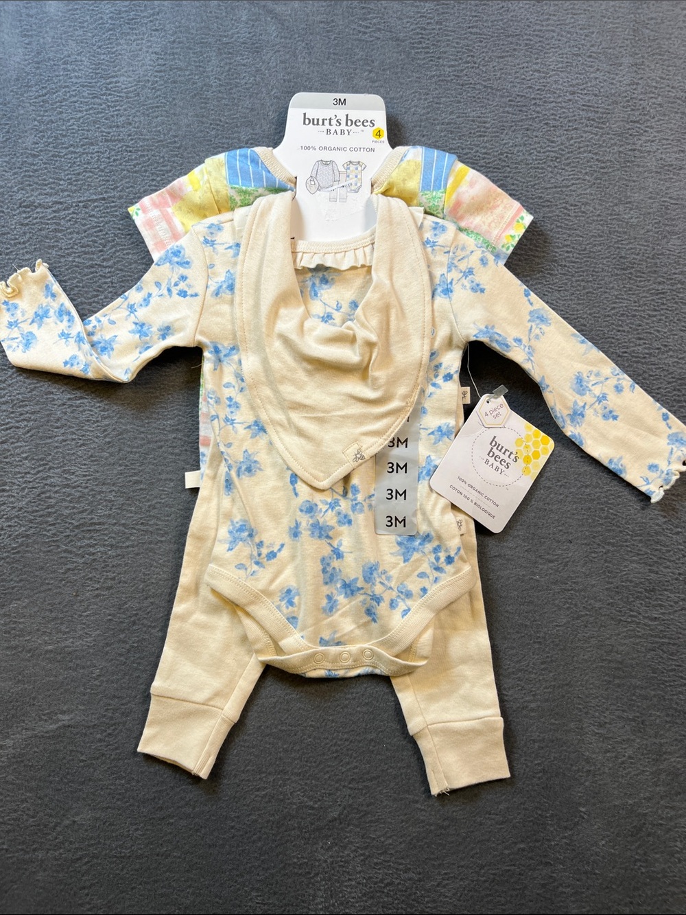Burt's Bees Cream Baby Romper with Blue Floral Print and Bib